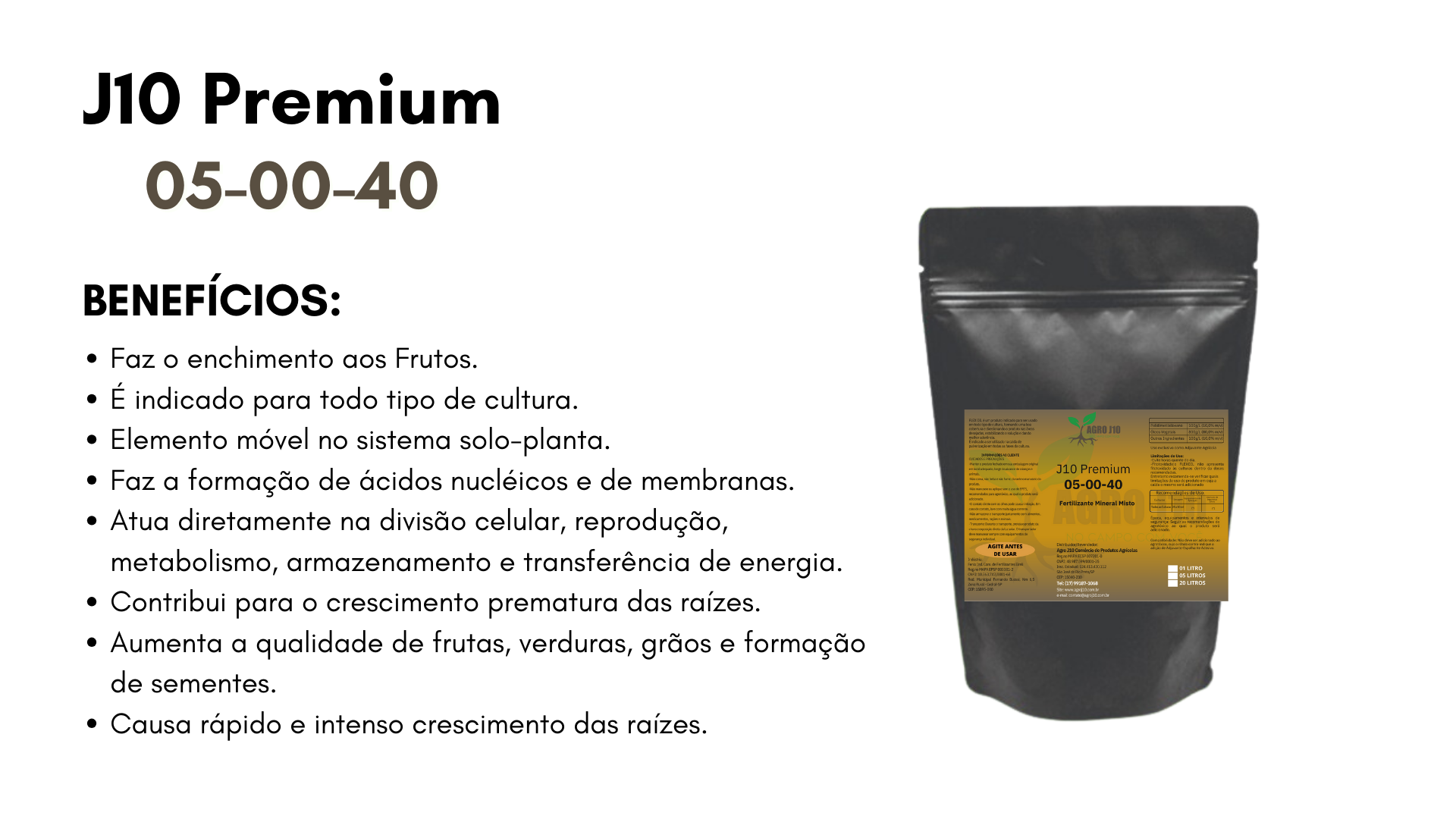 Pode ser usado em todas as culturas durante todo o ciclo vegetativo. Facilmente absorvido pelas raízes. Melhora do sistema radicular, brotação e vegetação, propiciando aumento de produtividade. El (28).png