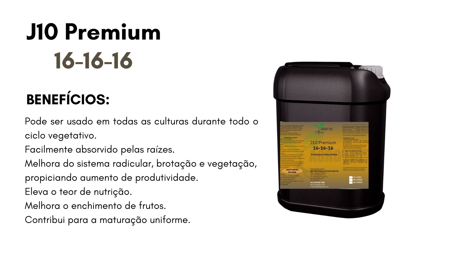 Pode ser usado em todas as culturas durante todo o ciclo vegetativo. Facilmente absorvido pelas raízes. Melhora do sistema radicular, brotação e vegetação, propiciando aumento de produtividade. El.jpg